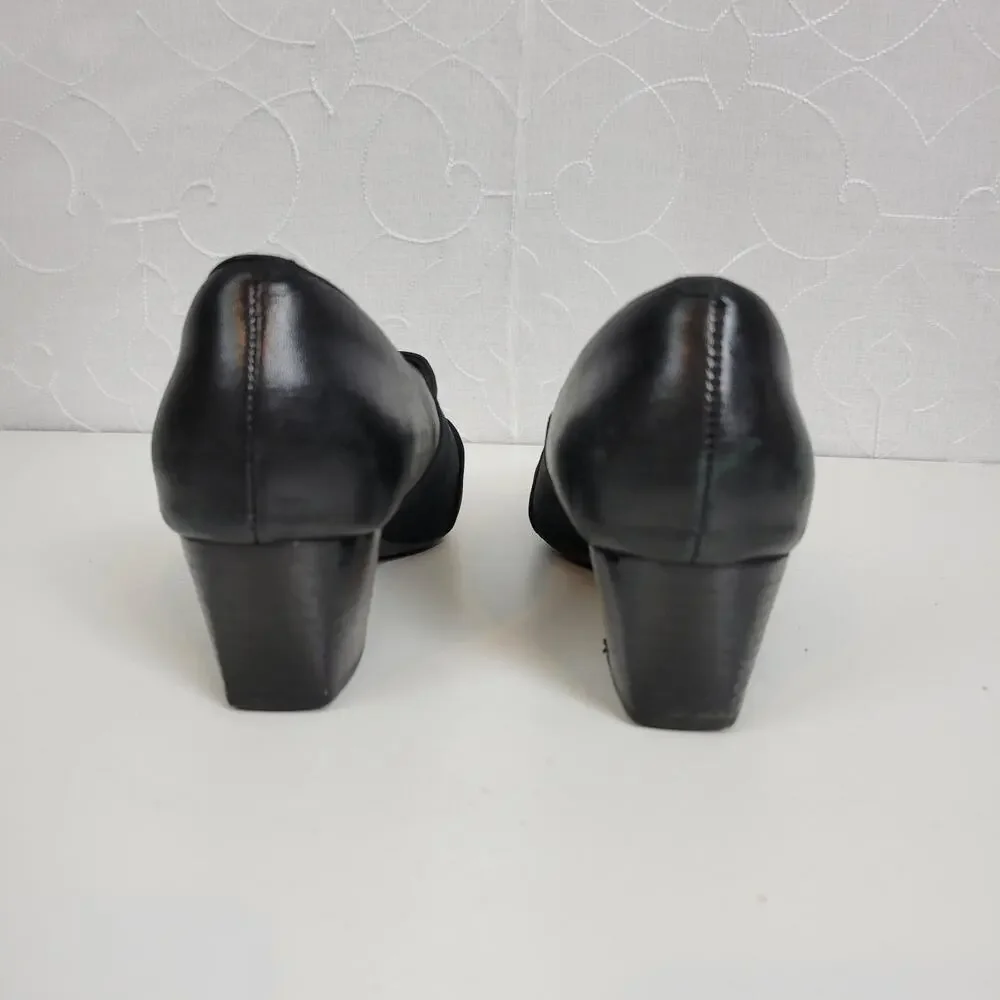 Clarks Womens Shoes Size 7.5 Black Leather Sugar Spice Heeled Slip On Pumps